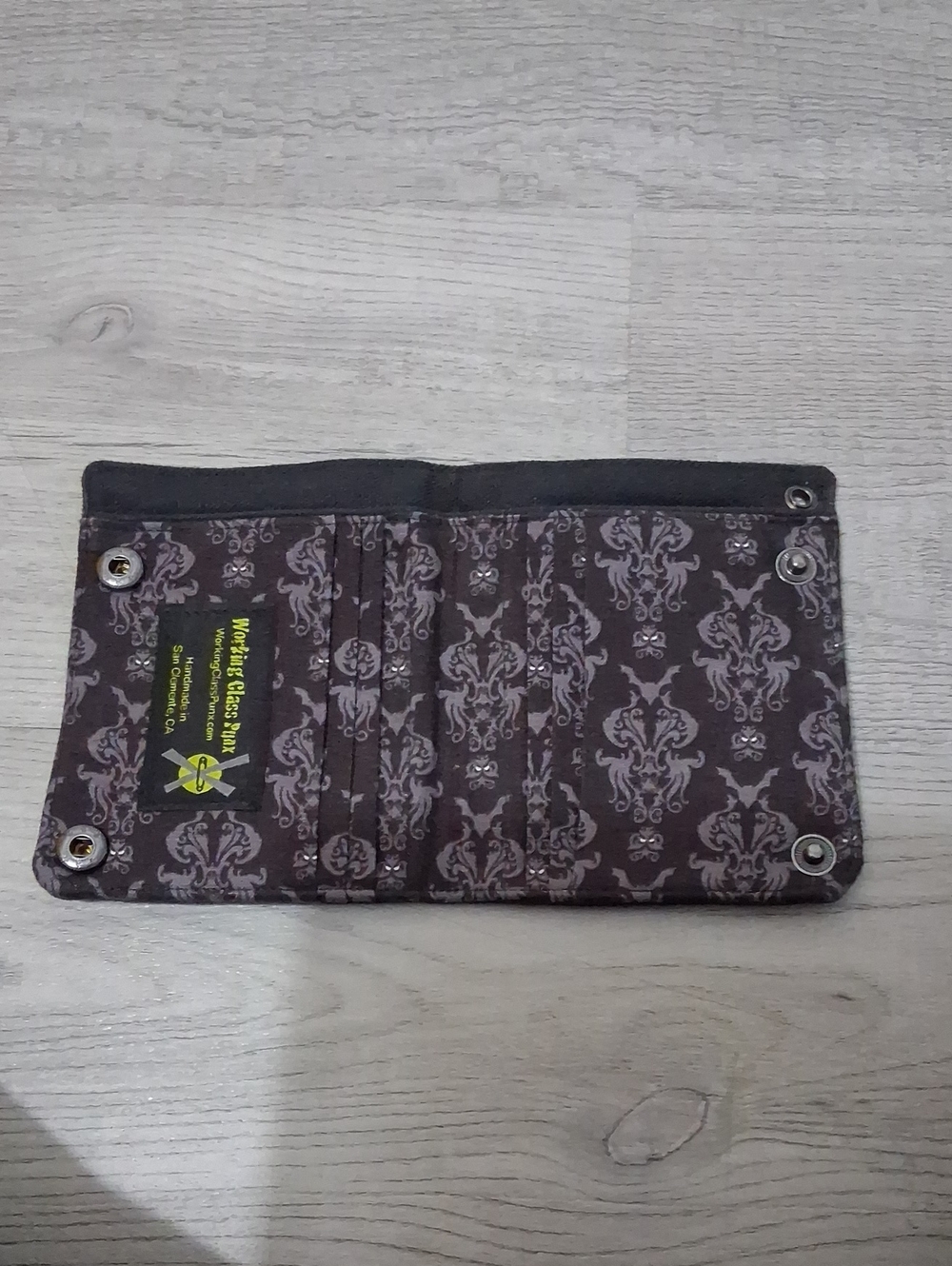Bats Damask Bifold Wallet w/ snaps & keychain loop, 100% cotton, gothic, slim